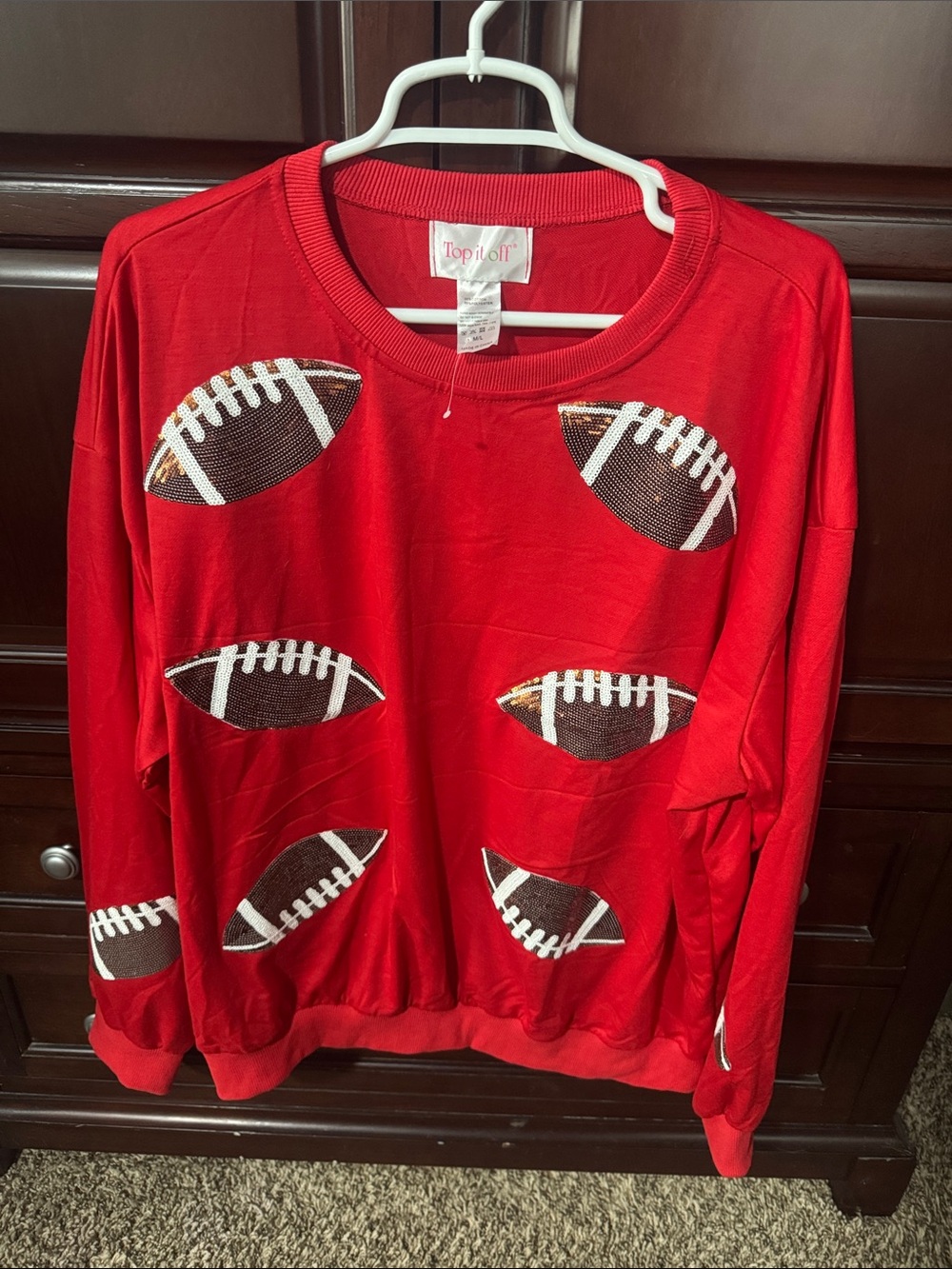 Top It Off Red Long-Sleeve Football Sequin Pullover - Women